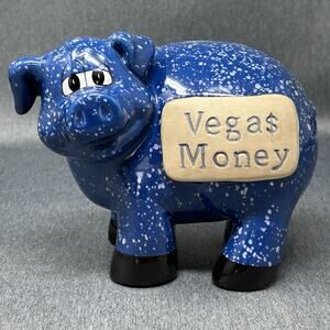 Las Vegas Money Piggy Bank Blue Splatter Glaze Ceramic Coin Bank Gambling